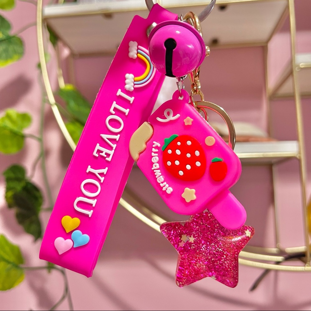 Pink Glitter Strawberry Ice Cream Keychain Set